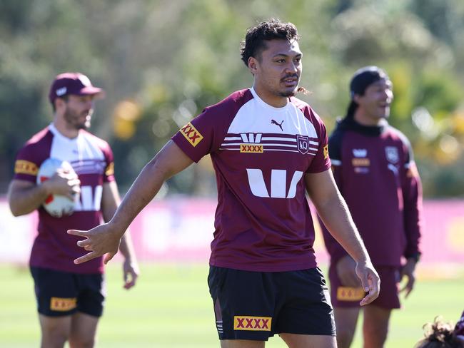 Jeremiah Nanai and the Queensland Origin team enjoy their last training run in Queensland before heading to Sydney for Game 1 of this years State of Origin series. Pics Adam Head