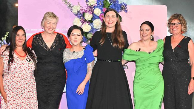 Awardees from left Courtney Hunter-Hebberman, Elaine Bensted, Corporal Kbora Ali, Dr Sarah Scholten, Alexandra Thomas and Kate Goodman at The Advertiser Sunday Mail SkyCity 2024 Woman of the Year Awards on March 7. Picture: Brenton Edwards