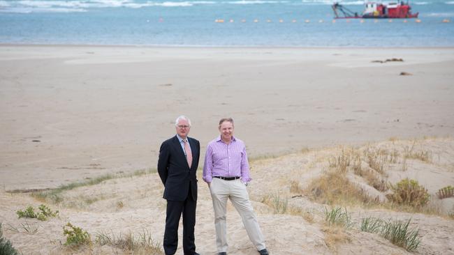 Richard Beasley with Murray-Darling Basin Royal Commissioner Bret Walker at the Murray mouth. Picture: LEON MEAD PHOTOGRAPHY