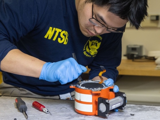 NTSB investigators have recovered the cockpit voice recorder and flight data recorder from the Bombardier CRJ700 airplane involved in the crash. Picture NTSB