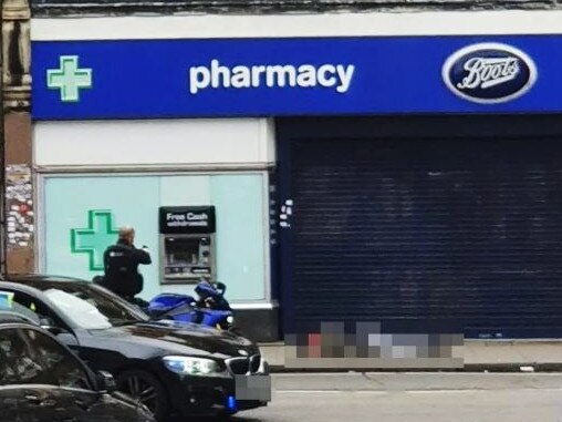 A police officer points his gun towards the man who went on a stabbing frenzy on a busy London street. Picture: Twitter