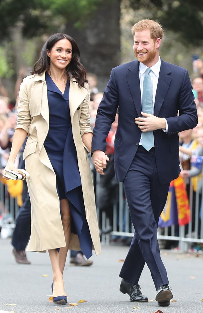 Meghan Markle wore the Gucci mini ‘Sylvie’ bag and Manolo Blahnik heels to Government House before her outfit change. Picture: Alex Coppel