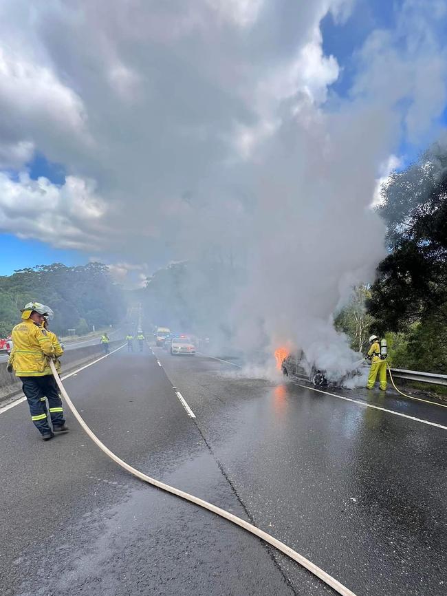 Emergency services extinguished the blaze by 1pm, but traffic delays remain. Picture: RFS