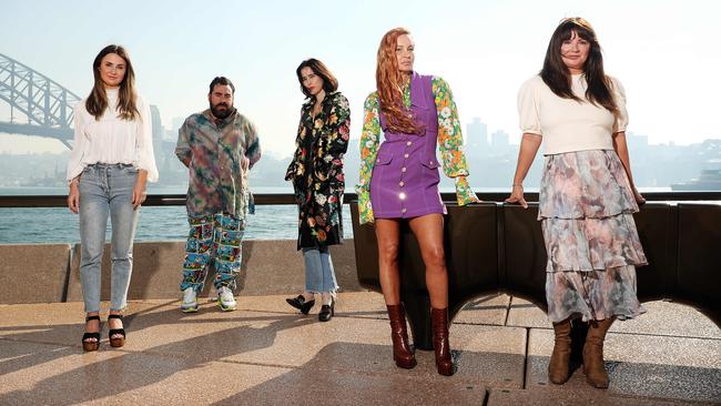 Fashion designers Georgie Renkert from We Are Kindred, Luke Sales and Anna Plunkett from Romance Was Born, Alice McCall, and Lizzie Renkert from We Are Kindred at launching Afterpay Australian Fashion Week on Wednesday. Picture: Tim Hunter.