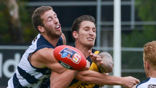 South Adelaide ruckman Michael Knoll spoils Glenelg's Jesse White. Picture: AAP Image/Brenton Edwards