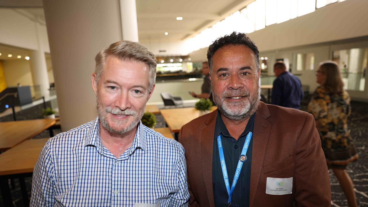 Russell Ousley and Joe Hanlon at the Gold Coast Central Chamber of Commerce Economic Health Check Breakfast 2024 at Mantra on View Surfers Paradise for Gold Coast at Large. Picture: Portia Large