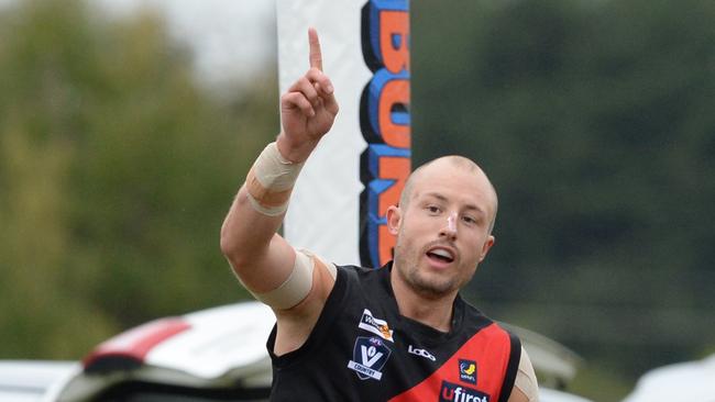 MPNFL Division 1: Frankston Bombers v Mornington at Baxter Park. Frankston #18 Jake Greeley slots a goal at home. Picture: AAP/Chris Eastman