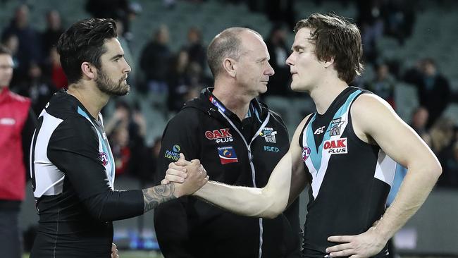 ‘See ya in Melbourne?’ ... Jared Polec (right) will leave Port in coming days. Will Chad Wingard join him in a move from the Power? Picture: Sarah Reed