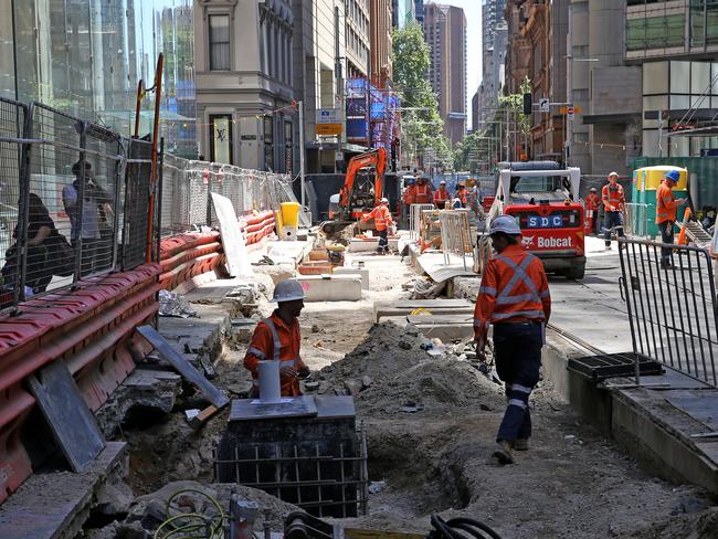 Construction of the light rail along George St in the city between Market and King streets outside the Dymocks building. Picture: Toby Zerna