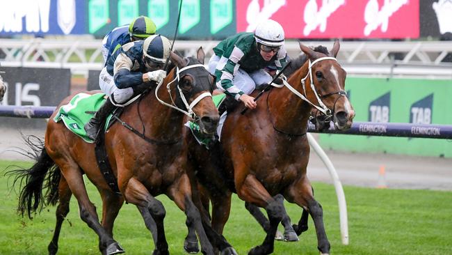 Via Sistina and Damian Lane (green and white silks) charge home to beat stablemate Buckaroo in the Turnbull Stakes at Flemington. Picture: Pat Scala/Racing Photos via Getty Images