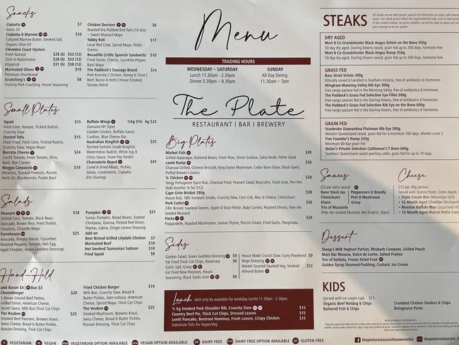 The Plate Restaurant, Bar and Brewery dining menu.