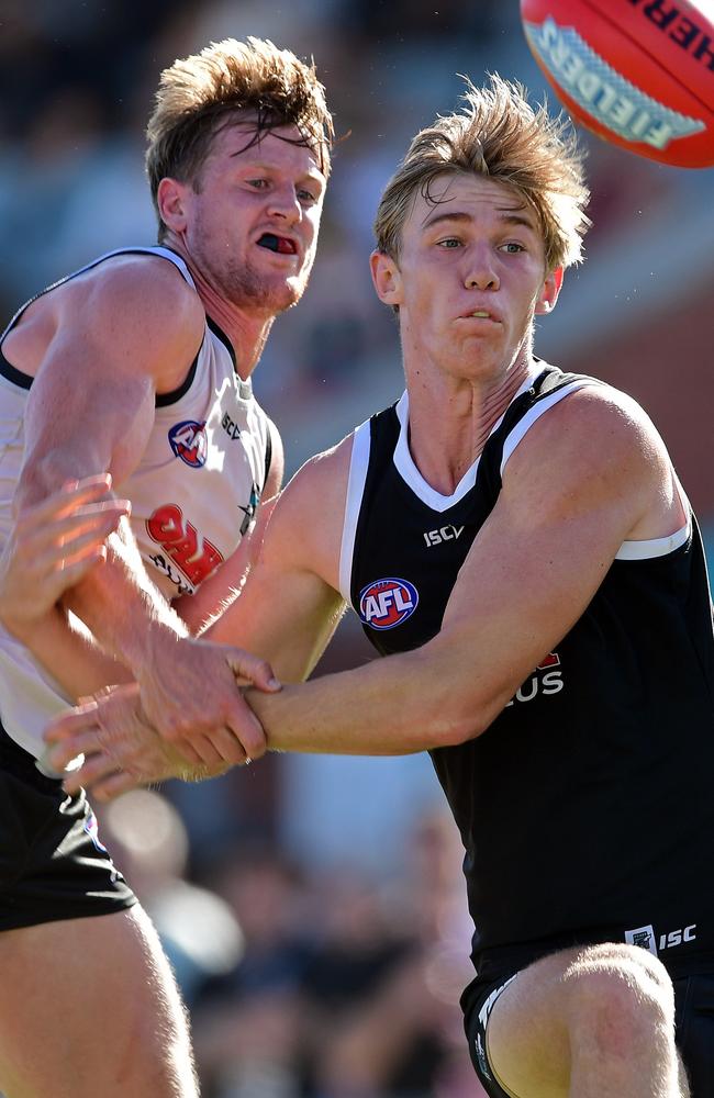 Tom Jonas and Todd Marshall battle during Port Adelaide's intra-club match.