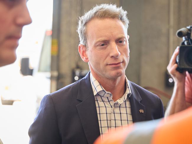 Leader of the opposition, David Speirs talking to the media at Crane Services in Wingfield, where unionised workers have gone on strike, Thursday, Nov. 17, 2022. Picture: Matt Loxton