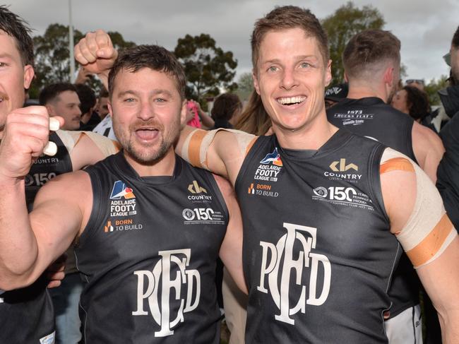 SEPTEMBER 21, 2024: Sam Gray and Matt Rose celebrate their win over Glenunga in the division one Adelaide Footy League grand final at Norwood Oval. Picture: Brenton Edwards