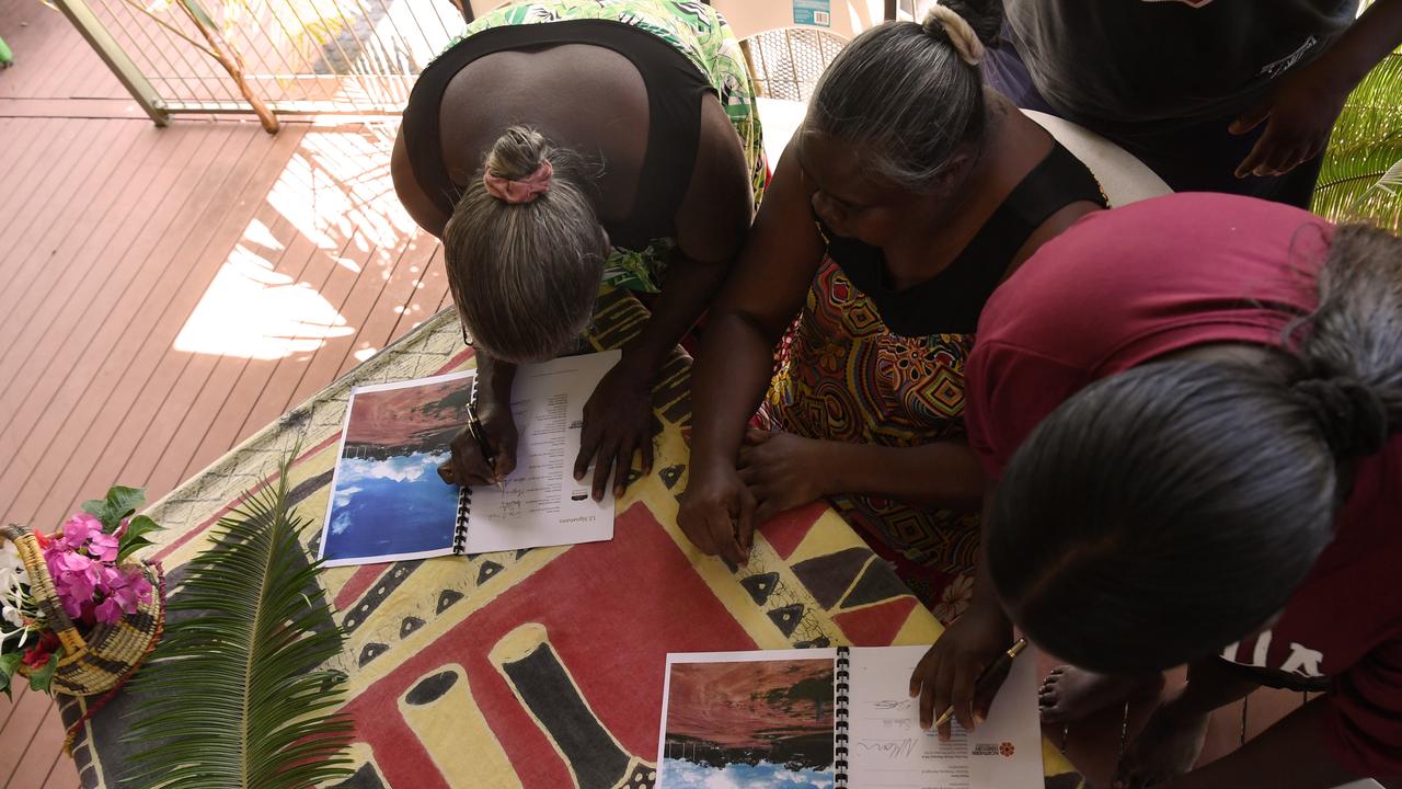 Nganambala Traditional Owners sign their Local Decision Making Agreement with the NT government. Picture: (A)manda Parkinson