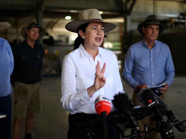 BOWEN, AUSTRALIA - NewsWire Photos - OCTOBER 26, 2020.Queensland Premier Annastacia Palaszczuk speaks during a visit to Marto's Mangoes orchard and packing facility near Bowen. Ms Palaszczuk announced cuts to irrigation prices for farmers should Labor wins government on October 31.Picture: NCA NewsWire / Dan Peled