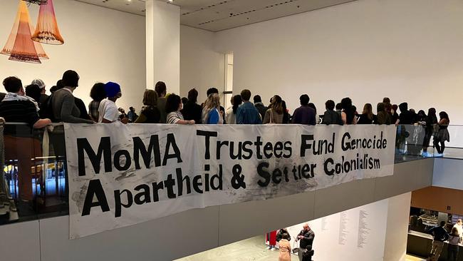 Demonstrators unveiled a banner from the second floor of the MoMa. Picture: X/@AshAgony