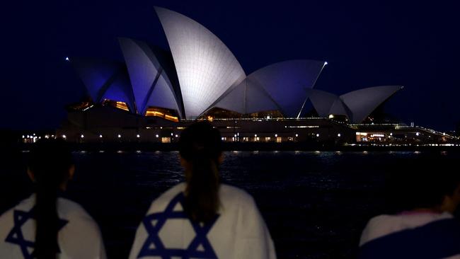 The newly released documents show NSW Police held ‘concerns’ the lighting of the sails on October 9 could ‘escalate tensions’. Picture: AAP