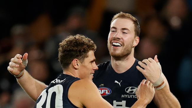 MELBOURNE, AUSTRALIA – MAY 08: Charlie Curnow (left) and Harry McKay of the Blues celebrate during the 2022 AFL Round 08 match between the Carlton Blues and the Adelaide Crows at Marvel Stadium on May 08, 2022 in Melbourne, Australia. (Photo by Michael Willson/AFL Photos via Getty Images)