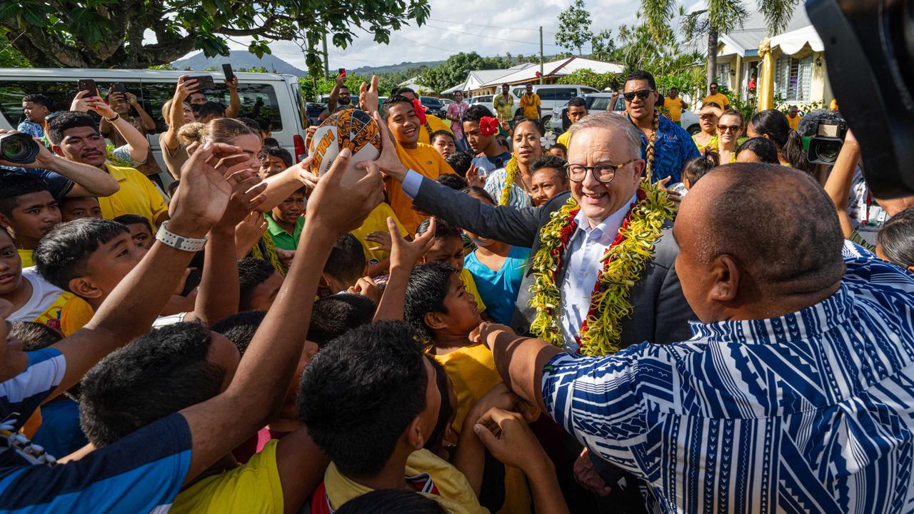 Prime Minster Anthony Albanese receives a warm welcome in Satapuala Village, Samoa. The Prime Minister is in Samoa CHOGM summit. The village “adopted” Australia for the CHOGM summit with each Samoan village representing a different Commonwealth nation during the event. Picture: PMO