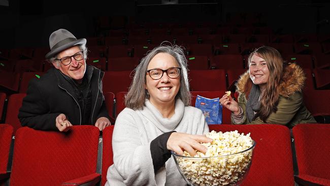 Executive director of Wide Angle Tasmania, Abi Binning alongside Salamanca Arts Centre buildings and facilities manager, David Hughes and Salamanca Arts Centre venues manager, Allana Blizzard ahead of Flickerfest in September. Picture: Zak Simmonds