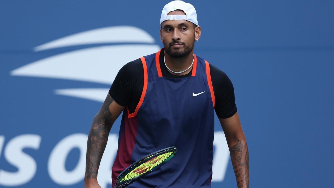 NEW YORK, NEW YORK - AUGUST 31: Nick Kyrgios of Australia looks on against Benjamin Bonzi of France in their Men's Singles Second Round match on Day Three of the 2022 US Open at USTA Billie Jean King National Tennis Center on August 31, 2022 in the Flushing neighbourhood of the Queens borough of New York City. (Photo by Matthew Stockman/Getty Images)