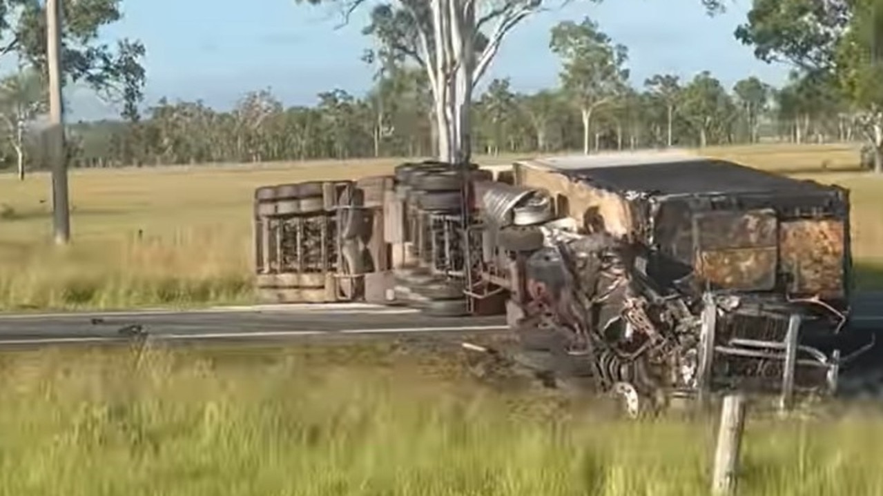 A motorist has captured the aftermath of a horror crash between a car and a truck on the Bruce Highway, south of Rockhampton.