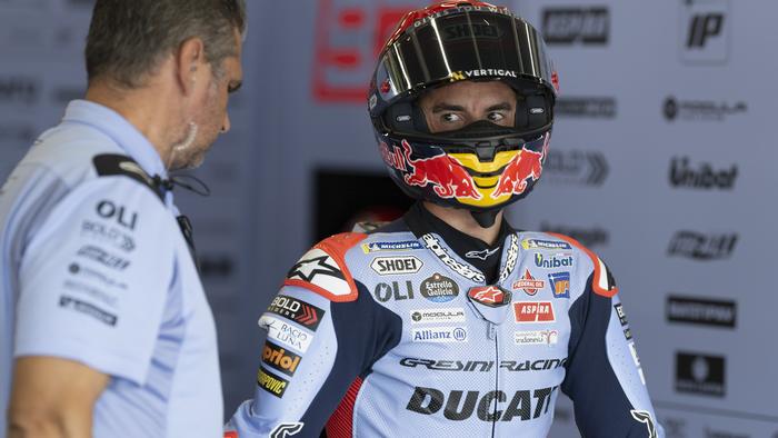 NORTHAMPTON, ENGLAND - AUGUST 02: Marc Marquez of Spain and Gresini Racing MotoGP looks on in box during the MotoGP Of Great Britain - Free Practice at Silverstone Circuit on August 02, 2024 in Northampton, England. (Photo by Mirco Lazzari gp/Getty Images)