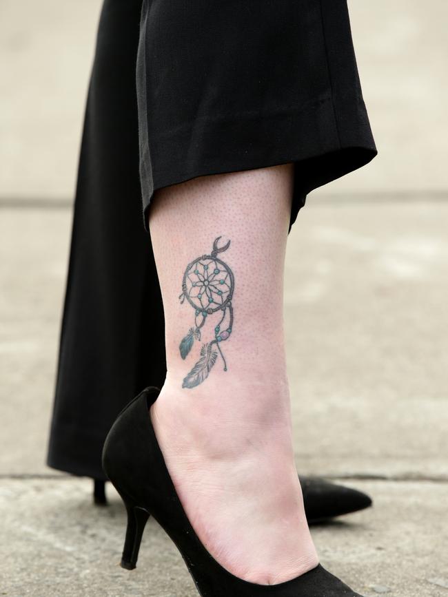 Bradley Victory is being prosecuted for letting his daughter Casey get this tattoo on her leg after he split up with her mother Nadene Rees. Picture: Jonathan Ng