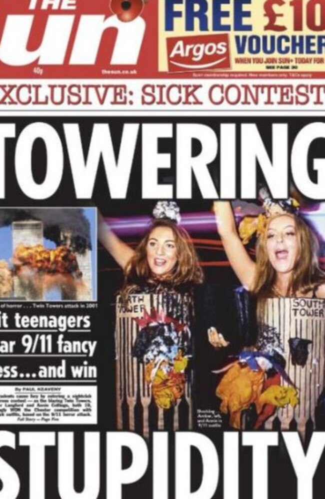 Two British students won a nightclub fancy dress contest dressed as the blazing Twin Towers. Picture: The Sun