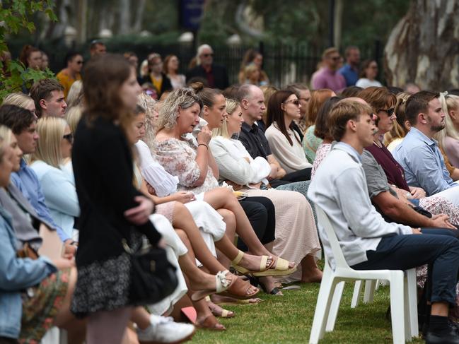 Mourners spilt outside the complex at the service. Picture: Naomi Jellicoe/NCA NewsWire