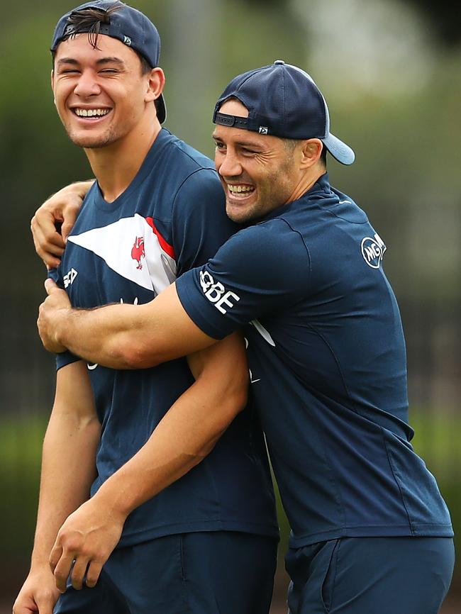 Manu and Cronk share a laugh. (Mark Kolbe/Getty Images)