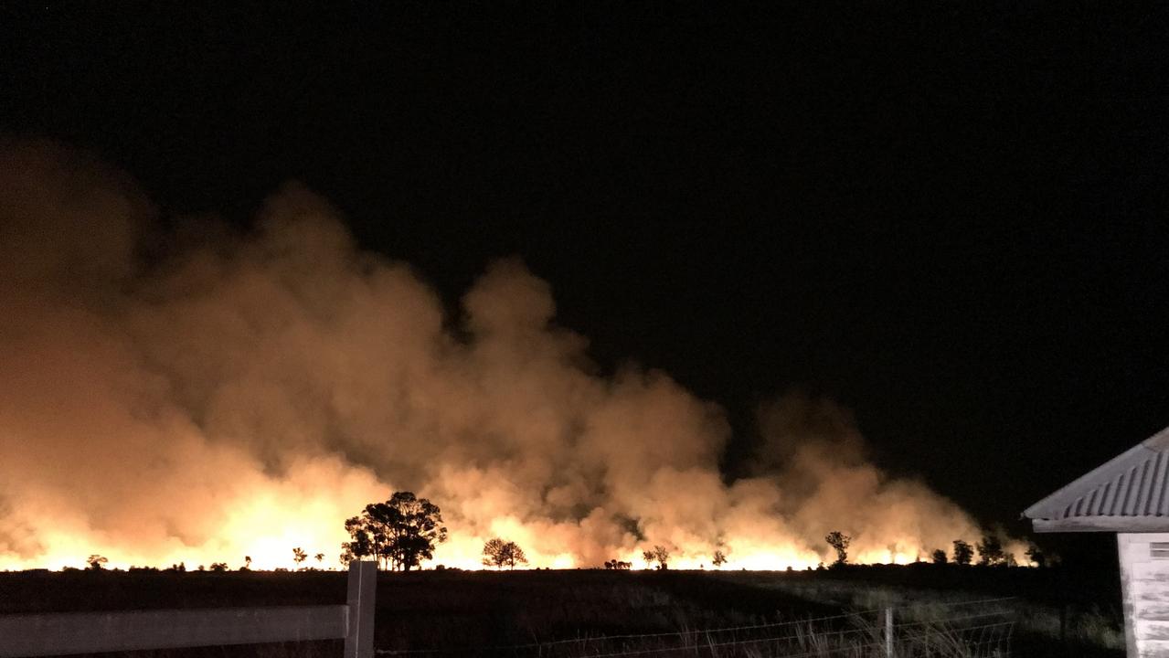 A large scale effort is under way to contain two fast-moving grass fires west of Kogan. One is on Kogan Condamine Road, the other in in Wieambilla.