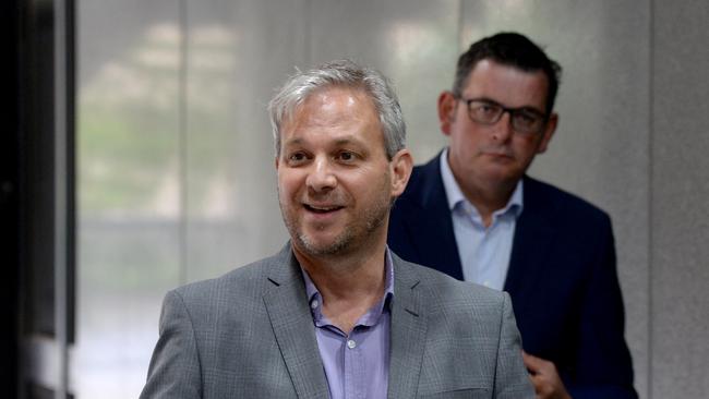 Victoria's Chief Health Officer Brett Sutton addresses the media at the Treasury in Melbourne as Premier Daniel Andrews looks on. Picture: NCA NewsWire / Andrew Henshaw