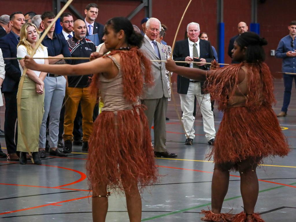 King Charles III watches a performance by the Mui Mui Bumer Gedlam group during a visit to the National Centre of Indigenous Excellence. Picture: Getty