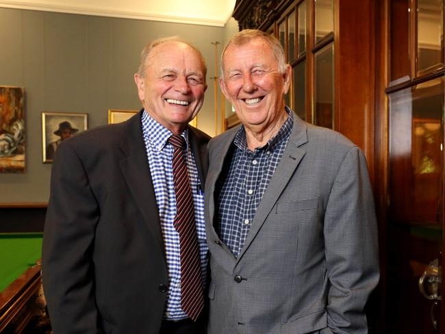 27/11/2018: Gerry Harvey , left , and John Singleton following  the Harvey Norman AGM in Sydney.Pic by James Croucher