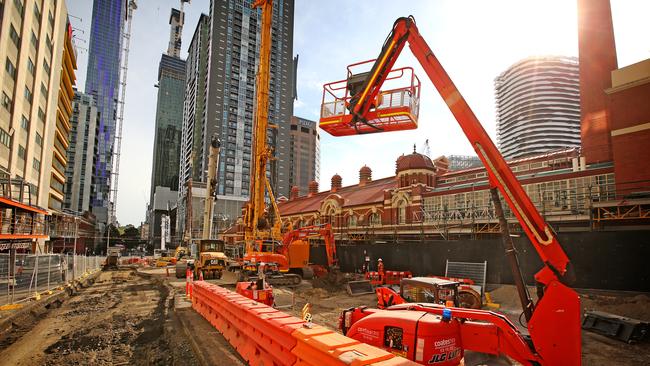 Work in April this year on the Metro Tunnel project. Picture: Stuart McEvoy