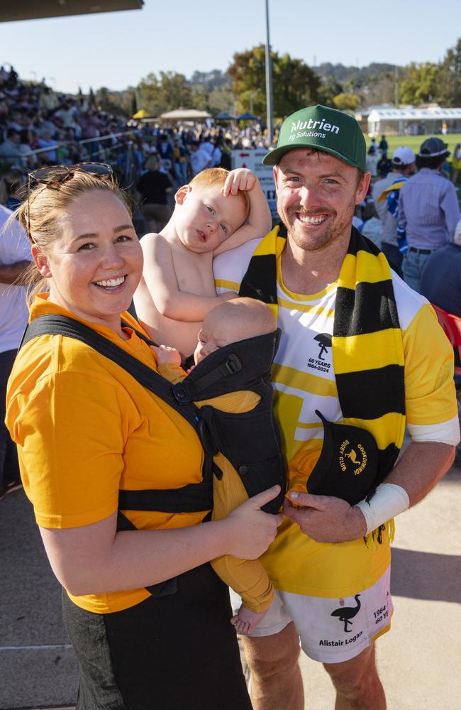 Goondiwindi Emu try scorer Oscar Hunt with family (from left) Sophie Donaldson, Fred Hunt and Wally Hunt on Downs Rugby grand final day at Toowoomba Sports Ground, Saturday, August 24, 2024. Picture: Kevin Farmer