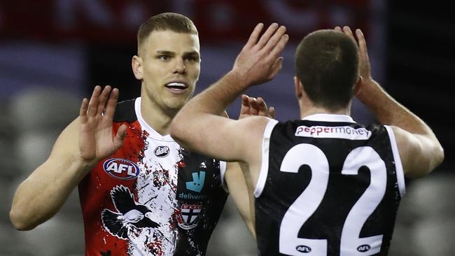 Mason Wood celebrates a goal against North Melbourne. Picture: Darrian Traynor/Getty Images