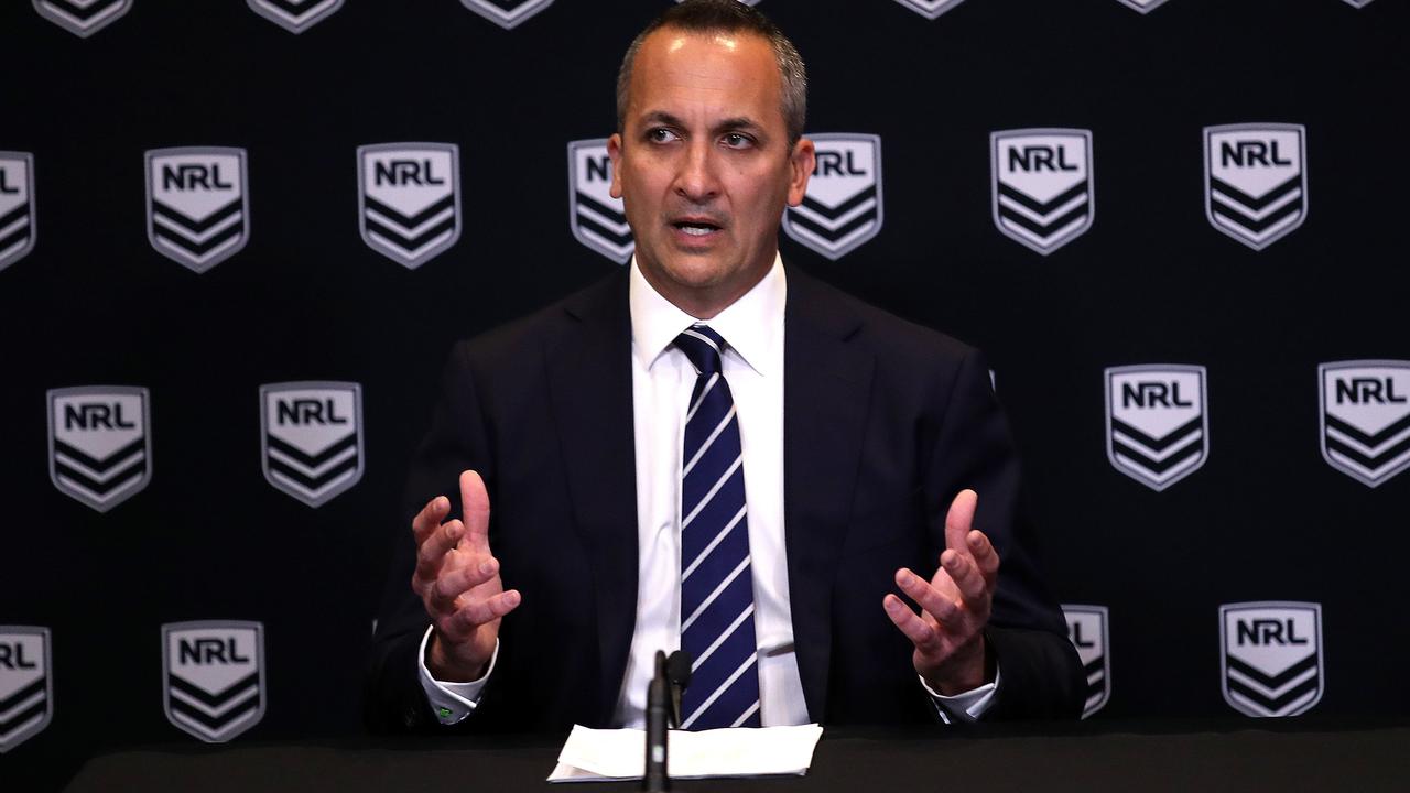 Andrew Abdo today announced as the new CEO of the NRL by ARU Chairman Peter V'landys at League Central in Sydney. Picture. Phil Hillyard