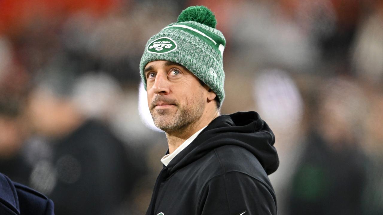 CLEVELAND, OHIO - DECEMBER 28: Aaron Rodgers #8 of the New York Jets looks on prior to playing the Cleveland Browns at Cleveland Browns Stadium on December 28, 2023 in Cleveland, Ohio. (Photo by Nick Cammett/Getty Images)