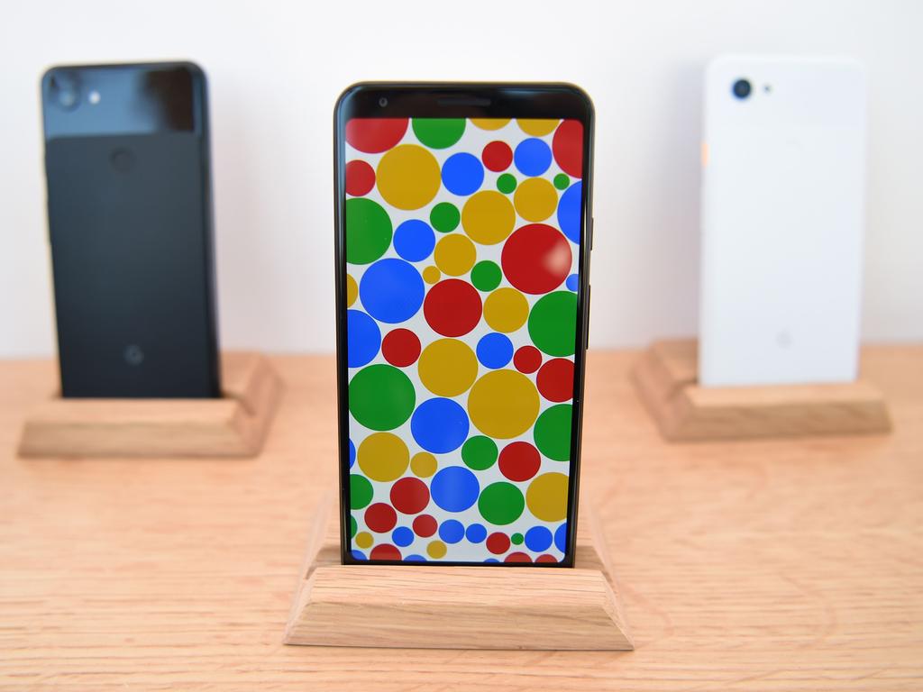 A new Google Pixel 3a phone is displayed during the Google I/O conference at Shoreline Amphitheatre in Mountain View, California on May 7, 2019. Picture: Josh Edelson