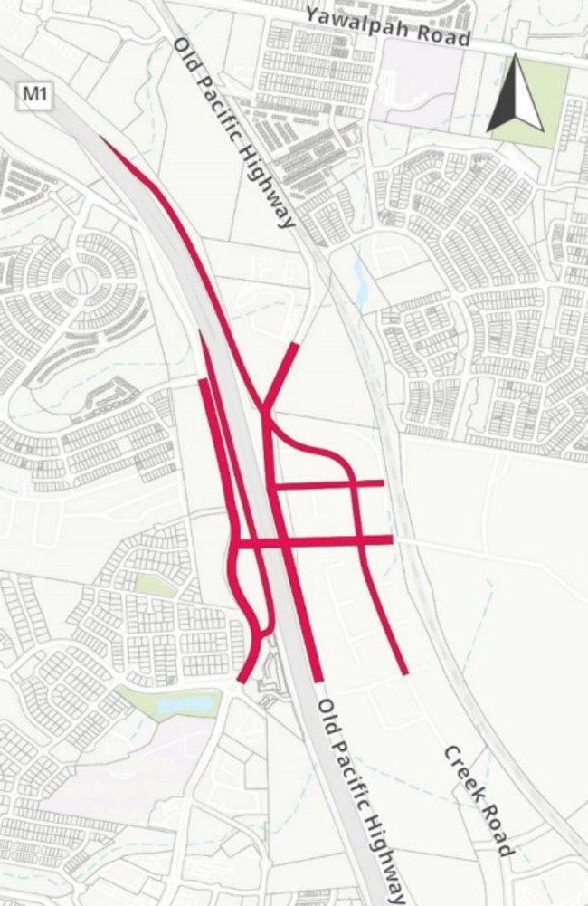 This is a concept plan for a Northern Interchange "Road B" which would see a new M1 interchange at Coomera, seeing north facing ramps and overpass linking Creek Street and Rifle Range Road, all part of Pacific Motorway upgrade plans.