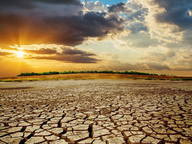 drought earth in sunset. dramatic sky over desert. change climate