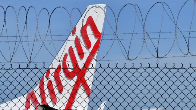 A grounded Virgin Australia aircraft at Brisbane Airport. Picture: AAP