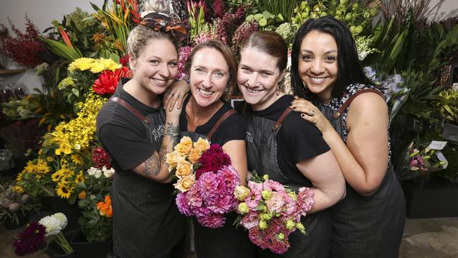 Number 1: Megan Thornton, third from left, with staff Asha Puche, Kylie Smits and Alex Shay at Mordialloc Florist. Picture: Wayne Taylor