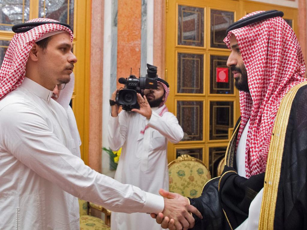 The murdered columnist’s son Salah shakes hands with Saudi Crown Prince Mohammed bin Salman at the Yamama Palace in Riyadh. Picture: Saudi Press Agency / AFP