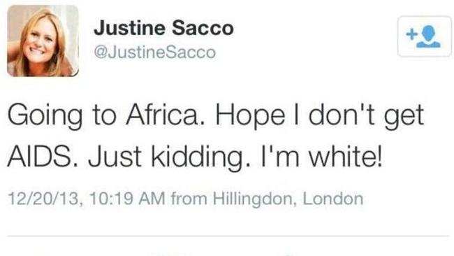 Justine Sacco's tweet that caused an international uproar.