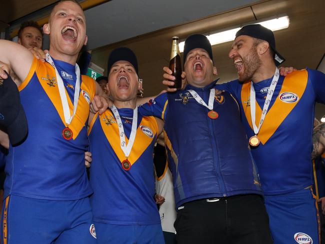 Deer Park and coach Marc Bullen celebrate another WRFL Division 1 grand final triumph. Picture: Local Legends Photography