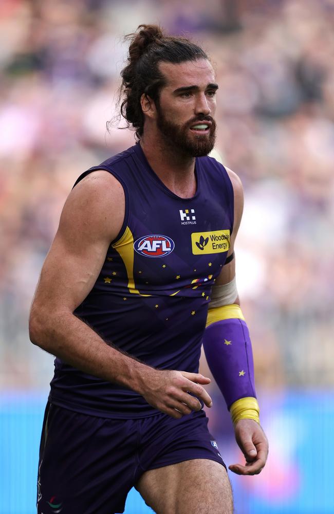 Alex Pearce of the Dockers heads to the interchange after re-injuring his forearm on Sunday. Picture: Paul Kane/Getty Images.